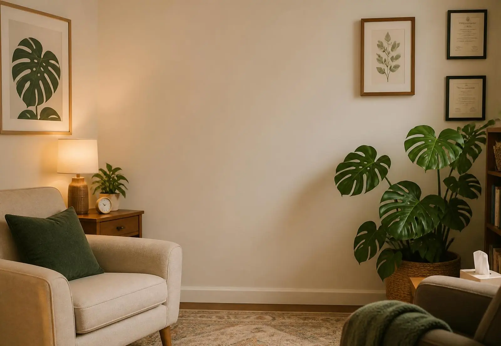 Consultorio de psicología cálido con sillón y plantas
